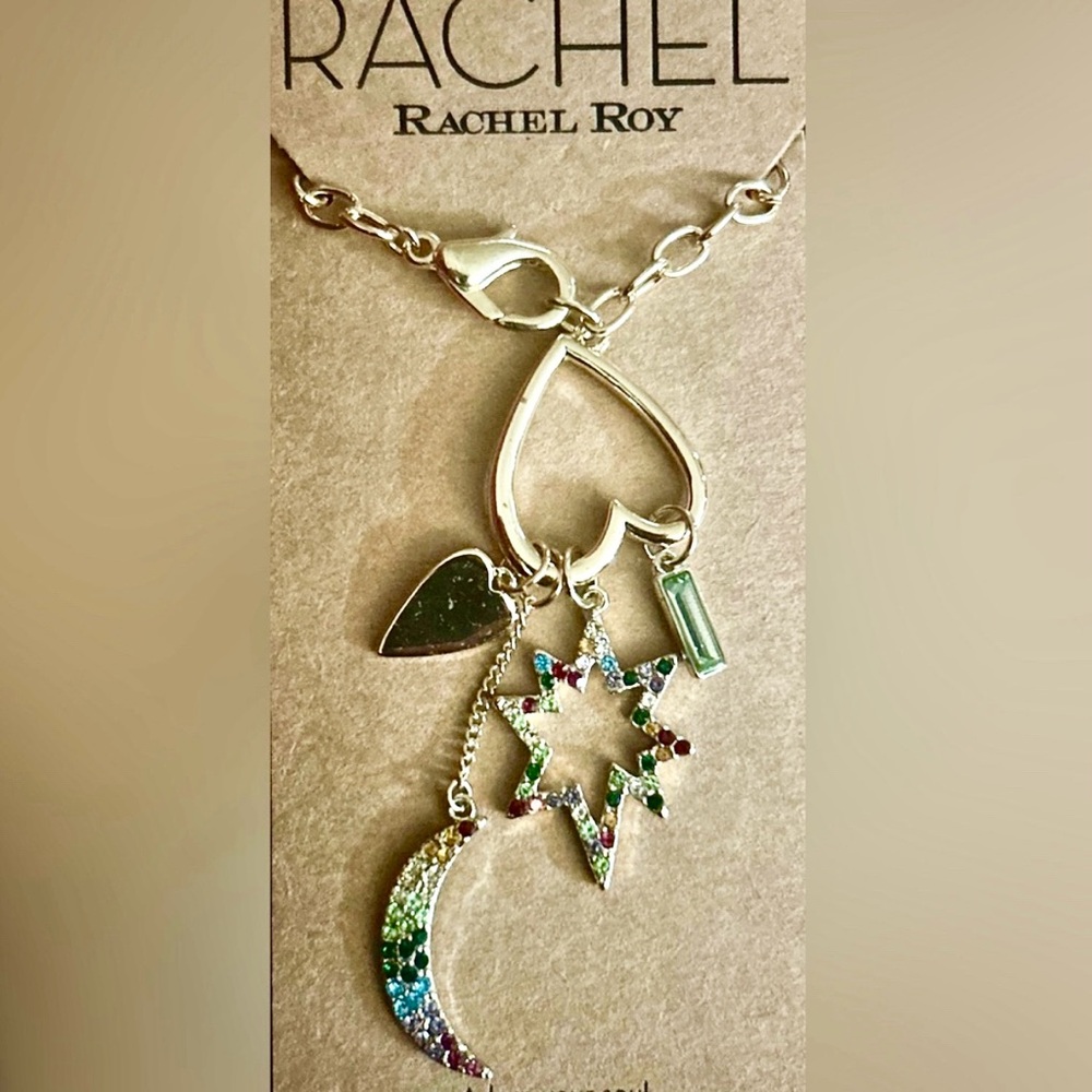 Rachel Roy Gold Heart Star Moon Celestial Multicolor Charm Necklace NWT